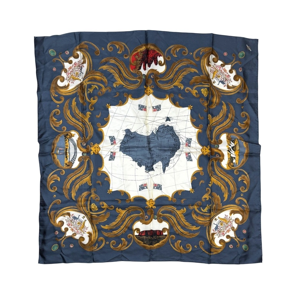 OROTON‎ Luxury 100% Silk Australia Map Scarf Navy Gold Nautical 35x35 Square